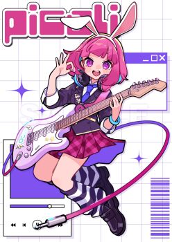 Rule 34 | 1girl, :d, animal ear hairband, animal ears, barcode, black socks, blue necktie, blunt bangs, blush stickers, borrowed character, brown jacket, commentary, commission, dot nose, electric guitar, fake animal ears, full body, gingham clothes, gingham skirt, guitar, hairband, headphones, headphones around neck, highres, holding, holding guitar, holding instrument, holding plectrum, instrument, jacket, kneehighs, koro ten, long sleeves, looking at viewer, media player interface, necktie, open mouth, original, pink eyes, pink hair, pink skirt, pleated skirt, plectrum, rabbit ear hairband, rabbit ears, short hair, skeb commission, skirt, smile, socks, solo, sparkle, striped clothes, striped socks, untranslatable commentary, white background, white hairband, window (computing)