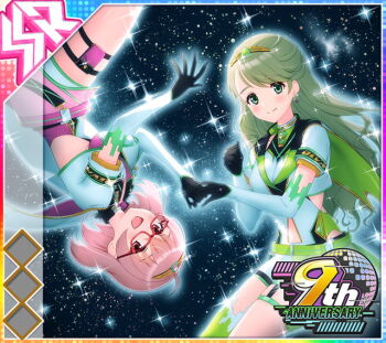 Rule 34 | 2girls, :d, ahoge, album cover, anniversary, ayame sachiko, back cutout, belt, black gloves, black sky, blush, breasts, cape, clenched hand, closed mouth, clothing cutout, cover, detached sleeves, diffraction spikes, disco ball, dot nose, dress, earrings, english text, feet out of frame, floating earrings, game cg, gem, glasses, gloves, green belt, green eyes, green gem, green hair, green skirt, hand up, holding another's finger, idol wars, jewelry, long hair, looking at viewer, medium breasts, multiple girls, navel, navel cutout, official art, open mouth, pink belt, pink eyes, pink hair, pink skirt, pouch, purple cape, red-framed eyewear, sakurai miwako, shorts, showgirl skirt, sidelocks, skirt, sky, smile, sparkle, star (sky), starry sky background, swept bangs, thigh pouch, thigh strap, third-party source, tiara, two-sided cape, two-sided fabric, upside-down, white cape, white dress, white shorts, white sleeves