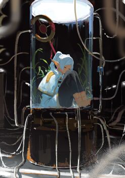 1girl absurdres black_pantyhose boots brown_boots capelet closed_eyes earrings elf frieren gold_trim hair_over_shoulder highres jacket jewelry koukouya long_hair pantyhose parted_bangs pointy_ears shirt sitting skirt solo sousou_no_frieren staff striped_clothes striped_shirt test_tube white_capelet white_hair white_jacket white_skirt