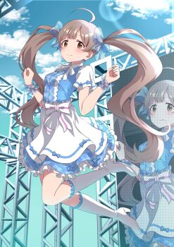 1girl 3d_background absurdres ahoge apron birthday blue_bow blue_dress blue_sky blue_socks blue_wrist_cuffs blunt_bangs blush boots bow breasts brown_eyes brown_hair closed_mouth cloud commentary_request concert day dot_nose dress fingernails frilled_dress frilled_socks frills full_body hair_bow hakozaki_serika high_heel_boots high_heels highres idol idol_clothes idolmaster idolmaster_million_live! jumping knee_boots kneehighs lens_flare long_hair looking_at_viewer multiple_views official_alternate_costume outdoors plaid_clothes plaid_dress recurring_image screen see-through_bow see-through_clothes see-through_sleeves see-through_wrist_cuffs short_sleeves sidelocks sky small_breasts smile socks solo_focus split_mouth stage twintails very_long_hair w_arms white_apron white_boots white_bow white_high_heels wrist_cuffs yukipo_p