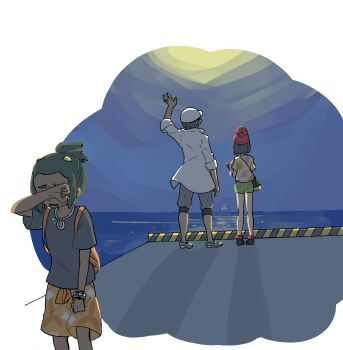 Rule 34 | 1girl, 2boys, baseball cap, black hair, boat, character doll, clefairy, crying, dark-skinned male, dark skin, doll, gen 1 pokemon, green footwear, green hair, green shorts, hat, hau (pokemon), highres, lab coat, miu (miuuu 721), multiple boys, night, night sky, nintendo, ocean, pier, pokemon, pokemon sm, professor kukui, red hat, scene reference, selene (pokemon), shorts, sky, watercraft, waving