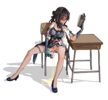 1girl black_hair blulsh blush book breasts cup desk glasses honkai:_star_rail honkai_(series) medium_breasts no_panties nullnsfw peeing peeing_in_cup puddle pussy reading ruan_mei_(honkai:_star_rail) sitting solo teacup uncensored white_background