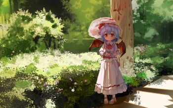 1girl absurdres bat_wings blush bow closed_mouth forest frilled_hat frills hat hat_ribbon high_heels highres holding holding_umbrella mob_cap nature parasol path pink_shirt pink_shoes pink_skirt purple_hair qinweiq red_bow red_eyes red_ribbon remilia_scarlet ribbon road shirt shoes short_hair skirt slit_pupils smile solo split_mouth standing touhou umbrella wings