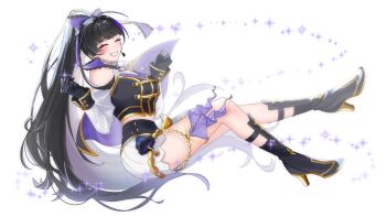 Rule 34 | 1girl, absurdres, black boots, black gloves, black hair, black shirt, blush, boots, breasts, closed eyes, facing viewer, full body, gloves, hands up, hashtag-only commentary, headset, high heel boots, high heels, highres, large breasts, long hair, long sleeves, meloco kyoran, multicolored hair, nijisanji, nijisanji en, ponytail, purple streaks, ringo 21 a, shirt, skirt, smile, solo, streaked hair, swept bangs, virtual youtuber, white background, white skirt