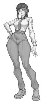 1girl chainsaw_man closed_mouth collared_shirt cosplay facial_scar greyscale high-waist_pants highres long_sleeves makima_(chainsaw_man) makima_(chainsaw_man)_(cosplay) monochrome necktie pants redteneri ringed_eyes scar scar_on_cheek scar_on_face scar_on_nose shirt shirt_tucked_in solo yoru_(chainsaw_man)
