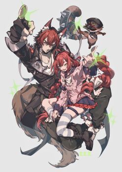 1boy 1girl absurdres animal animal_ear_fluff animal_ear_piercing animal_ears arm_up bandaged_arm bandages black_boots black_gloves black_hair black_hat black_jacket black_sailor_collar boots braid braided_twintails cardigan chest_bow closed_mouth collar collarbone commentary crossed_bangs dog_boy dog_ears dog_tail fingerless_gloves full_body gloves green_eyes grey_background hair_between_eyes hair_ornament hair_ribbon hat hearing_aid highres jacket jewelry kamanosuke_(zenless_zone_zero) komano_manato long_hair looking_at_viewer multicolored_hair muscular muscular_male necklace open_mouth pectorals pink_cardigan pointing raccoon red_bandage red_hair ribbon sailor_collar scar scar_across_eye scar_on_face shirt shoes short_hair sneakers sparkle sphere_hair_ornament spiked_jacket symbol-only_commentary tail tanuki ukinami_yuzuha v-shaped_eyebrows white_shirt white_shoes yamazaki_tsukune zenless_zone_zero