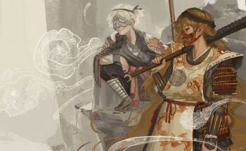 Rule 34 | 2others, absurdly long hair, adapted costume, androgynous, armor, black headband, black kimono, black pants, black ribbon, black socks, bracer, brown headband, brown sandals, club, club (weapon), commentary, covered mouth, cowboy shot, dragon print, english commentary, expressionless, eye mask, eyelashes, fingernails, fujiwara no iyozane, full body, green hair, grey background, grey mask, grin, hachimaki, hair ribbon, haori, hatsburg, headband, highres, holding, holding club, holding weapon, jacket, jacket on shoulders, japanese armor, japanese clothes, kariginu, kimono, knee up, len'en, lips, long hair, long sleeves, looking ahead, mask, mountain, mouth mask, multiple others, one side up, oni mask, other focus, over shoulder, pants, pauldrons, pointy ears, poleyn, print jacket, purple kimono, realistic, red eyes, red mask, reversed, ribbon, sandals, sharp teeth, shirt, shirt under kimono, shoulder armor, smile, socks, spiked club, taira no fumikado, teeth, very long hair, wavy hair, weapon, weapon over shoulder, white hair, white jacket, white shirt, xiangyun, zouri