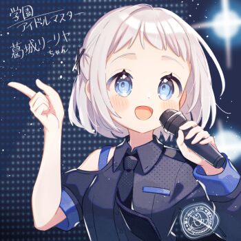 1girl :d asymmetrical_sleeves bare_shoulders black_necktie black_shirt blue_background blue_eyes blush character_name clothing_cutout collared_shirt gakuen_idolmaster grey_hair hands_up holding holding_microphone idolmaster katsuragi_lilja long_sleeves looking_at_viewer microphone necktie open_mouth shirt short_hair short_sleeves shoulder_cutout shuu_(syuuuuuuuuuu) smile solo translated twitter_username uneven_sleeves upper_body