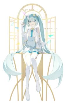 Rule 34 | 1girl, absurdres, aqua eyes, aqua hair, aqua necktie, aqua skirt, aqua trim, arm support, boots, bow, bowtie, collared shirt, detached sleeves, dress, floating window, frilled skirt, frills, full body, hair between eyes, hair bow, hair ornament, hand up, hashtag-only commentary, hatsune miku, high-waist skirt, highres, hiramado miku, kowareta sekai to utaenai miku, light blush, long hair, long sleeves, looking at viewer, miniskirt, necktie, official alternate costume, official alternate hairstyle, open mouth, open window, pleated skirt, project sekai, shirt, sidelocks, simple background, sitting, skirt, sleeveless, sleeveless dress, sleeveless shirt, sleeves past wrists, smile, solo, sora (men0105), spoilers, thigh boots, thighhighs, twintails, very long hair, vocaloid, waving, white background, white boots, white bow, white bowtie, white shirt, window, x hair ornament, yellow trim, zettai ryouiki