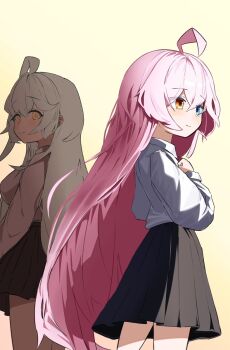 2girls ahoge aqua_hair behind_another black_skirt blue_archive blue_eyes breasts cheeckae clenched_hand collared_shirt commentary_request cowboy_shot crossed_bangs floating_hair hair_between_eyes hair_intakes hand_on_own_chest heterochromia highres hoshino_(blue_archive) korean_commentary long_hair looking_ahead looking_at_another medium_breasts multiple_girls no_halo pink_hair pleated_skirt shirt skirt very_long_hair white_shirt yellow_eyes yume_(blue_archive)