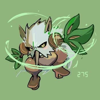 full_body gen_3_pokemon green_background grin highres holding kurapixel looking_at_viewer nintendo no_humans pokedex_number pokemon pokemon_(creature) shiftry simple_background smile standing yellow_eyes