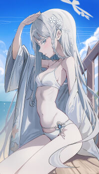 1girl absurdres bare_shoulders bikini blue_archive blue_sky blush braid breasts flower grey_eyes hair_flower hair_ornament halo highres japanese_clothes kerno kimono long_hair long_sleeves looking_at_viewer nagusa_(blue_archive) nagusa_(swimsuit)_(blue_archive) navel off_shoulder parted_bangs sky small_breasts solo swimsuit thighs very_long_hair white_bikini white_hair white_kimono wide_sleeves