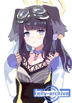 1girl absurdres animal_ears artist_logo black_hair blue_archive blue_eyes commentary_request dog_ears dog_girl goggles goggles_on_head halo hibiki_(blue_archive) highres jellyman logo long_hair looking_at_viewer one-hour_drawing_challenge simple_background solo white_background yellow_halo