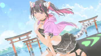 Rule 34 | 1boy, animal ear fluff, animal ears, bikini, bikini skirt, black bikini, black hair, black skirt, blunt bangs, cho kaguya-hime!, choker, cloud, commentary, crossdressing, crossdressing (mtf), day, frilled bikini, frills, hand to own mouth, hand up, heart, heart choker, highres, horns, jacket, komazawa noi, lens flare, long hair, looking at viewer, male focus, multicolored hair, navel, ocean, official alternate costume, outdoors, pink eyes, pink horns, pink jacket, sandals, shiyano, sitting, skirt, sky, smile, solo, streaked hair, swimsuit, tail, tiger ears, tiger tail, torii, trap, twintails, untranslatable commentary