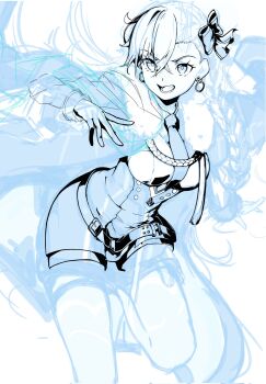 1girl belt bow braid breasts cape commentary_request earrings empire_waist fate/grand_order fate_(series) fur-trimmed_cape fur_trim gloves hair_between_eyes hair_bow hand_up highres jewelry kamesan231 leg_up looking_at_viewer lower_teeth_only medium_breasts necktie olga_marie_animusphere olga_marie_animusphere_(unbeast) pantyhose side_braid sketch smile solo teeth unfinished