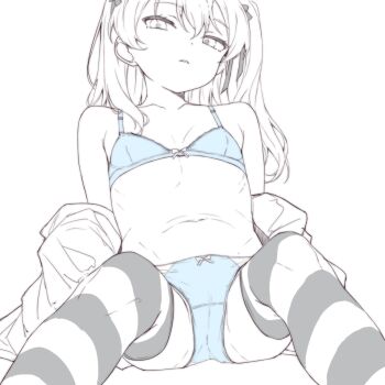 1girl blue_bra blue_panties bow bow_panties bra clothes_down commentary_request expressionless flat_chest girls_und_panzer highres long_hair looking_at_viewer monochrome navel osanai_sanday panties shimada_arisu sitting solo spot_color striped_clothes striped_thighhighs thighhighs underwear