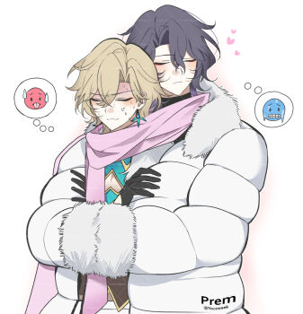 Rule 34 | 2boys, aventurine (honkai: star rail), black gloves, blush, closed eyes, closed mouth, coat, commentary, down jacket, dr. ratio (honkai: star rail), fur-trimmed collar, fur-trimmed sleeves, fur trim, gloves, grey hair, hair between eyes, hands in opposite sleeves, heart, highres, honkai: star rail, honkai (series), image in thought bubble, jacket, male focus, multiple boys, n1ceweek, parted hair, pink scarf, scarf, shared clothes, shared scarf, simple background, speech bubble, sweat, symbol-only commentary, thought bubble, white background, white fur, white jacket, yaoi