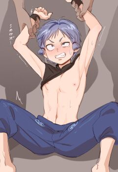 1boy armpits grey_hair hair_tie holding_another&#039;s_wrist male_focus nezu_kojirou nige_jouzu_no_wakagimi nipples pants puewate shota solo sweat wristband