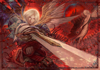 1boy 1girl aleksi_remes artist_name castle castlevania_(series) commentary dragon feathered_wings flower hector_(castlevania) highres holding holding_flower holding_sword holding_weapon multiple_wings sword weapon white_hair wings