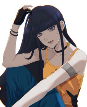 1girl arm_rest black_choker black_gloves black_hair blue_eyes blue_pants blunt_bangs boruto:_two_blue_vortex bracelet camisole choker chromatic_aberration commentary_request facial_mark gloves highres ifevilwhyuhot jewelry long_hair naruto_(series) pants partially_fingerless_gloves sitting solo uzumaki_himawari whisker_markings yellow_camisole