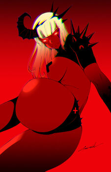 1girl absurdres ass blonde_hair breasts colored_skin commentary demon demon_girl english_commentary glowing glowing_eyes godtail highres horns long_hair original red_skin signature single_horn