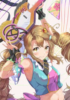 1girl abi_(253seki) ahoge armor armpits bare_shoulders benzaiten_(monster_strike) blush breasts brown_hair hair_ornament highres japanese_armor medium_breasts monster_strike navel shoulder_armor simple_background sode solo sparkling_eyes twintails upper_body