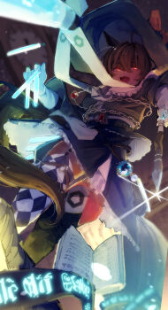 Rule 34 | 1girl, absurdres, agnes tachyon (umamusume), ahoge, blue gemstone, blue skirt, book, bow, breasts, brown hair, chain, commentary request, cork, gem, gorioshi0802, green skirt, hair between eyes, hat, hat bow, highres, holding, holding test tube, holding wand, medium breasts, open book, open mouth, red bow, red eyes, red gemstone, short hair, skirt, smile, solo, test tube, umamusume, wand, witch hat