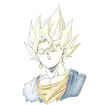 1boy 1rasutotoukou absurdres blonde_hair blue_shirt dragon_ball dragonball_z earrings green_eyes highres jewelry looking_at_viewer male_focus medium_hair muscular muscular_male orange_shirt potara_earrings shirt simple_background solo spiked_hair super_saiyan super_saiyan_1 upper_body vegetto white_background