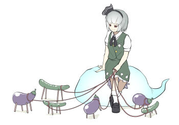 1girl black_bow black_bowtie black_hairband black_ribbon black_shoes bob_cut bow bow_hairband bowtie buttons collared_shirt cucumber eggplant frilled_skirt frills green_skirt green_vest grey_hair hair_ribbon hairband hitodama hitodama_print holding holding_leash konpaku_youmu konpaku_youmu_(ghost) leash loafers no_nose no_pupils peroponesosu. red_eyes ribbon shirt shoes short_hair shouryouuma simple_background sitting skirt skirt_set sleeves_rolled_up socks solo touhou vest what white_background white_hair white_shirt