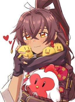 1boy absurdres baby_animal bird black_scarf brown_hair chick chicken hair_between_eyes highres japanese_clothes long_hair looking_at_viewer ponytail rune_factory rune_factory:_guardians_of_azuma scarf shi_yaba_yaba smile subaru_(rune_factory)