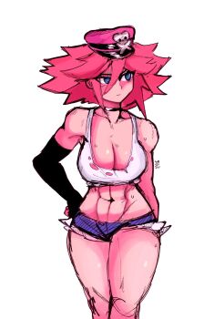 1girl black_choker black_gloves blue_eyes blue_shorts breasts choker cleavage closed_mouth collarbone commentary cowboy_shot crop_top denim denim_shorts double-parted_bangs english_commentary final_fight gloves hair_between_eyes hat highres large_breasts looking_to_the_side peaked_cap pink_hair pink_hat poison_(final_fight) short_hair short_shorts shorts simple_background single_glove sketch solo tank_top torn_clothes torn_tank_top walking white_background white_tank_top widisu