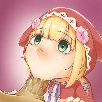 1boy 1girl :>= artist_request bad_id bad_pixiv_id blonde_hair green_eyes grimms_notes hetero highres pov purple_ribbon red_hood red_riding_hood_(anime)_(grimms_notes) red_riding_hood_(grimms_notes) ribbon short_hair upper_body