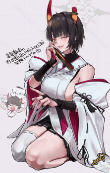 1boy 1girl black_bridal_gauntlets black_hair black_skirt blue_archive breasts bridal_gauntlets broken_horn commentary detached_sleeves doodle_sensei_(blue_archive) grey_background grey_halo grin halo hand_fan havi highres holding holding_fan horns japanese_clothes kimono large_breasts looking_at_viewer miniskirt mole mole_under_eye niya_(blue_archive) one_eye_closed orange_eyes pleated_skirt seiza sensei_(blue_archive) short_hair sideboob sideless_kimono signature simple_background single_thighhigh sitting skirt sleeveless sleeveless_kimono smile symbol-only_commentary thighhighs thighs white_kimono white_thighhighs wide_sleeves