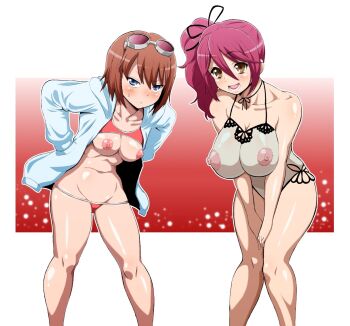2girls bikini breasts brown_hair cheria_barnes hokuto_(artist) hokuto_(tokuho) huge_areola large_breasts looking_at_viewer medium_breasts multiple_girls nipples pink_hair pointless_clothes pointless_clothing rita_mordio see-through_clothes see-through_shirt shirt swimsuit tagme tales_of_(series) tales_of_graces tales_of_vesperia topless_female transparent transparent_clothes transparent_swimsuit useless_clothes useless_clothing