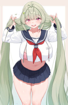 Rule 34 | 1girl, absurdres, antenna hair, black sailor collar, black skirt, blush, bra, bra peek, cloba, commentary, crop top, crop top overhang, goddess of victory: nikke, green hair, hair intakes, heart, highres, holding own hair, long hair, long sleeves, looking at viewer, miniskirt, navel, neckerchief, open mouth, outside border, pink bra, pinky out, pleated skirt, purple eyes, red neckerchief, sailor collar, school uniform, serafuku, shirt, simple background, skirt, smile, soda (nikke), solo, standing, stomach, thick thighs, thighs, underwear, untranslatable commentary, very long hair, white background, white shirt