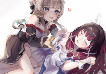 2girls absurdres anger_vein bare_shoulders black_collar black_hair black_sleeves blue_eyes blush breasts brown_hair closed_eyes collar collarbone columbina_(genshin_impact) commentary_request cup detached_collar detached_sleeves dress eye_mask feathered_wings frilled_hairband frills gem genshin_impact gloves gradient_hair hair_ornament hair_ribbon hairband head_wings headdress highres ituo long_hair long_sleeves mask medium_breasts multicolored_hair multiple_girls multiple_wings open_mouth pink_hair ribbon sandrone_(genshin_impact) short_hair_with_long_locks sidelocks simple_background smile strapless strapless_dress streaked_hair two-tone_hair very_long_hair white_background white_dress white_gloves white_headdress white_mask white_ribbon white_wings wing_hair_ornament wings wrist_bow wrist_ribbon x-shaped_eyewear yuri
