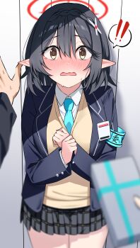 Rule 34 | !, !!, 1boy, 1girl, absurdres, aqua necktie, armband, ayane (blue archive), black hair, black skirt, blazer, blue archive, blue jacket, blush, box, breasts, checkered clothes, checkered skirt, commentary request, elf, embarrassed, gift, gift box, hair ornament, halo, hand on wall, hands on own chest, highres, holding, holding gift, id card, jacket, kabedon, looking at viewer, medium breasts, mizumok1, necktie, no eyewear, parted lips, pointy ears, pov, red halo, school uniform, shirt, short hair, skirt, speech bubble, spoken exclamation mark, sweater, white shirt, yellow eyes, yellow sweater