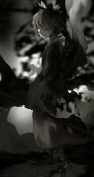 Rule 34 | 1girl, absurdres, closed mouth, dress, from side, full body, futon (kitsune tsuki), grey background, hagoromo, highres, long sleeves, looking at viewer, lotus hair ornament, muted color, shawl, short hair, smile, solo, standing, toramaru shou, touhou