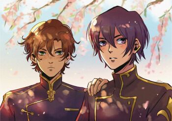 2boys andythelemon ashford_academy_school_uniform black_hair brown_hair cherry_blossoms code_geass fingernails freckles green_eyes hand_on_another&#039;s_shoulder jewelry kururugi_suzaku lelouch_vi_britannia light_blush looking_at_viewer male_focus multiple_boys pale_skin pink_eyes ring school_uniform