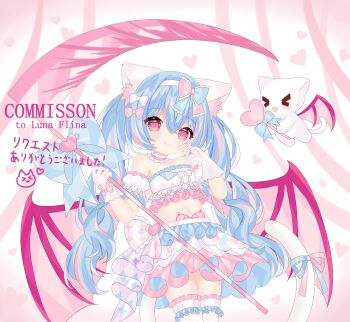 >_< 1girl :3 :q animal_ear_fluff animal_ears bare_shoulders blue_hair bow cat_ears cat_tail choker closed_mouth commentary_request commission commissioner_name cowboy_shot demon_wings frilled_choker frilled_thighhighs frills glove_bow gloves hair_between_eyes hair_bow heart heart-shaped_pupils heart_wand highres holding holding_scythe indie_virtual_youtuber long_hair looking_at_viewer midriff multicolored_bow multicolored_hair navel pink_eyes pink_streaks pubic_tattoo scythe shimo_hisae skeb_commission skirt smile streaked_hair symbol-shaped_pupils tail tail_bow tail_ornament tattoo thighhighs tongue tongue_out twintails wand white_gloves white_streaks white_thighhighs wings zan_nekku