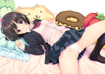1girl bed_sheet black_jacket black_skirt black_socks blazer blush breasts cardigan clothes_lift frilled_pillow frills head_on_pillow jacket jewelry kneehighs koutaro long_sleeves lying medium_breasts open_mouth original panties pillow pink_cardigan purple_eyes school_uniform skirt skirt_lift socks solo underwear white_panties