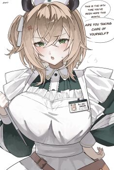 1girl absurdres animal_ears apron contrast_collar dress english_text ewn glaring green_dress green_eyes hat highres indie_virtual_youtuber looking_at_viewer name_tag nimi_nightmare nimi_nightmare_(1st_costume) nurse nurse_cap one_side_up pout round_collar rounded_collar sleeve_slit smile solo speech_bubble tapir_ears tapir_girl virtual_youtuber waist_bag white_apron
