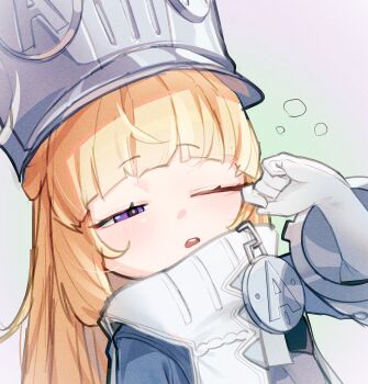 Rule 34 | 1girl, absurdres, akaika (aka), blonde hair, blue jacket, blunt bangs, commentary request, gloves, gradient background, half-closed eye, hand up, hat, highres, jacket, light blush, long hair, norma (zenless zone zero), one eye closed, open mouth, portrait, purple eyes, raised eyebrows, rubbing eyes, shako cap, solo, squeans, teeth, upper body, upper teeth only, white gloves, zenless zone zero
