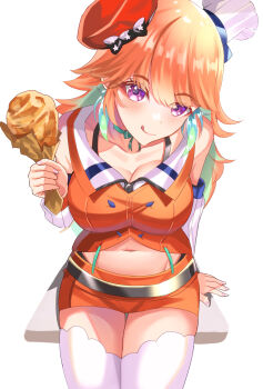 1girl blue_hair blush breasts chef_hat chicken_(food) chicken_leg cleavage collarbone commentary detached_sleeves food hat head_tilt highres holding holding_food hololive hololive_english large_breasts licking_lips long_hair looking_at_viewer midriff miniskirt multicolored_hair multiple_hats navel orange_hair orange_shirt orange_skirt purple_eyes red_hat shirt simple_background sitting skirt smile solo symbol-only_commentary takanashi_kiara thighhighs tilted_headwear tongue tongue_out two-tone_hair virtual_youtuber white_background white_hat white_sleeves white_thighhighs zacky