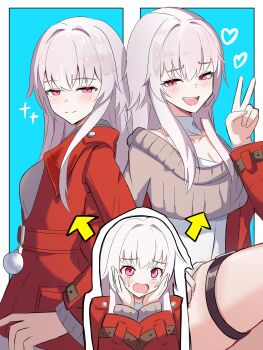 Rule 34 | 1girl, absurdres, aged up, belt, belt buckle, blue background, blush, breasts, brown sweater, buckle, clara (honkai: star rail), cleavage, coat, commentary request, detached collar, furrowed brow, hands on own cheeks, hands on own face, heart, highres, honkai: star rail, honkai (series), imagining, long hair, long sleeves, looking at viewer, medium breasts, multiple views, narrowed eyes, open mouth, pink eyes, pocket, pom pom (clothes), red belt, red coat, ribbed sweater, sidelocks, simple background, smile, smirk, sparkle, split mouth, straight hair, sweatdrop, sweater, thigh strap, upturned eyes, v, wadakamari, white hair