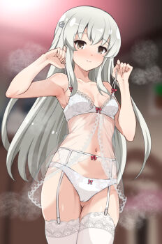 Rule 34 | 1girl, assault lily, babydoll, bare arms, bare shoulders, blurry, blurry background, blush, bow, bow panties, breasts, brown hair, cameltoe, closed mouth, collarbone, commentary request, cowboy shot, egawa kusumi, flower, garter belt, gluteal fold, grey hair, hair flower, hair ornament, hands up, indoors, lingerie, long hair, looking at viewer, mak066, navel, nose blush, panties, red bow, see-through babydoll, see-through clothes, sidelocks, small breasts, smile, solo, standing, steaming body, stomach, strap lift, sweat, thigh gap, thighhighs, underwear, very long hair, white babydoll, white flower, white paint, white panties, white thighhighs
