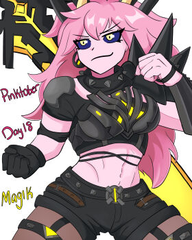 1girl absurdres acidart artist_name ashido_mina black_sclera boku_no_hero_academia colored_sclera colored_skin cosplay female_focus highres horns magik_(x-men) magik_(x-men)_(cosplay) marvel marvel_rivals pink_hair pink_skin solo x-men yellow_eyes yellow_horns