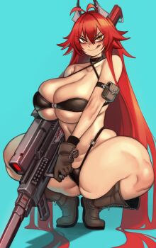Rule 34 | 1girl, absurdres, bikini, black bikini, black gloves, boots, breasts, cleavage, commentary, curvy, fingerless gloves, gloves, goddess of victory: nikke, gun, hair between eyes, highres, holding, holding gun, holding weapon, horns, huge breasts, kelvin hiu, large breasts, latex, latex bikini, leather, licking lips, long hair, looking at viewer, mechanical horns, naughty face, navel, red hair, red hood (nikke), rifle, simple background, smile, sniper rifle, solo, spread legs, squatting, swimsuit, thick thighs, thighs, tongue, tongue out, very long hair, weapon, yellow eyes