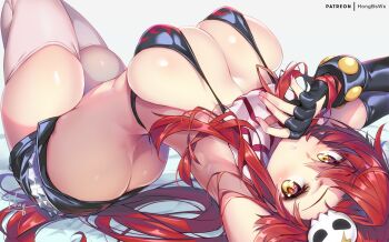 Rule 34 | 1girl, arched back, armpits, ass, bare shoulders, bikini, bikini top only, black bikini, blush, breasts, butt crack, cleavage, dimples of venus, female focus, hair ornament, hong (white spider), large breasts, long hair, looking at viewer, lying, on back, ponytail, red hair, scarf, short shorts, shorts, skull hair ornament, solo, striped clothes, striped scarf, swimsuit, tengen toppa gurren lagann, thighhighs, thighs, white thighhighs, yellow eyes, yoko littner