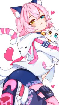 1girl :3 animal animal_ear_fluff animal_ear_hood animal_ears ass bell black_leg_warmers blue_choker blue_eyes blue_shorts blush cat cat_ears cat_girl cat_tail catrin_glitch character_request check_character choker closed_mouth commentary fake_animal_ears fortnite hair_between_eyes heart heterochromia highres holding holding_animal hood jacket kurerin leg_warmers looking_at_viewer lucky_cat_(fortnite) medium_hair navel neck_bell pantyhose paw_print_soles pink_hair pink_pantyhose pouch shoes shorts smile striped_tail tail thigh_pouch track_jacket white_cat white_jacket white_shoes yellow_eyes